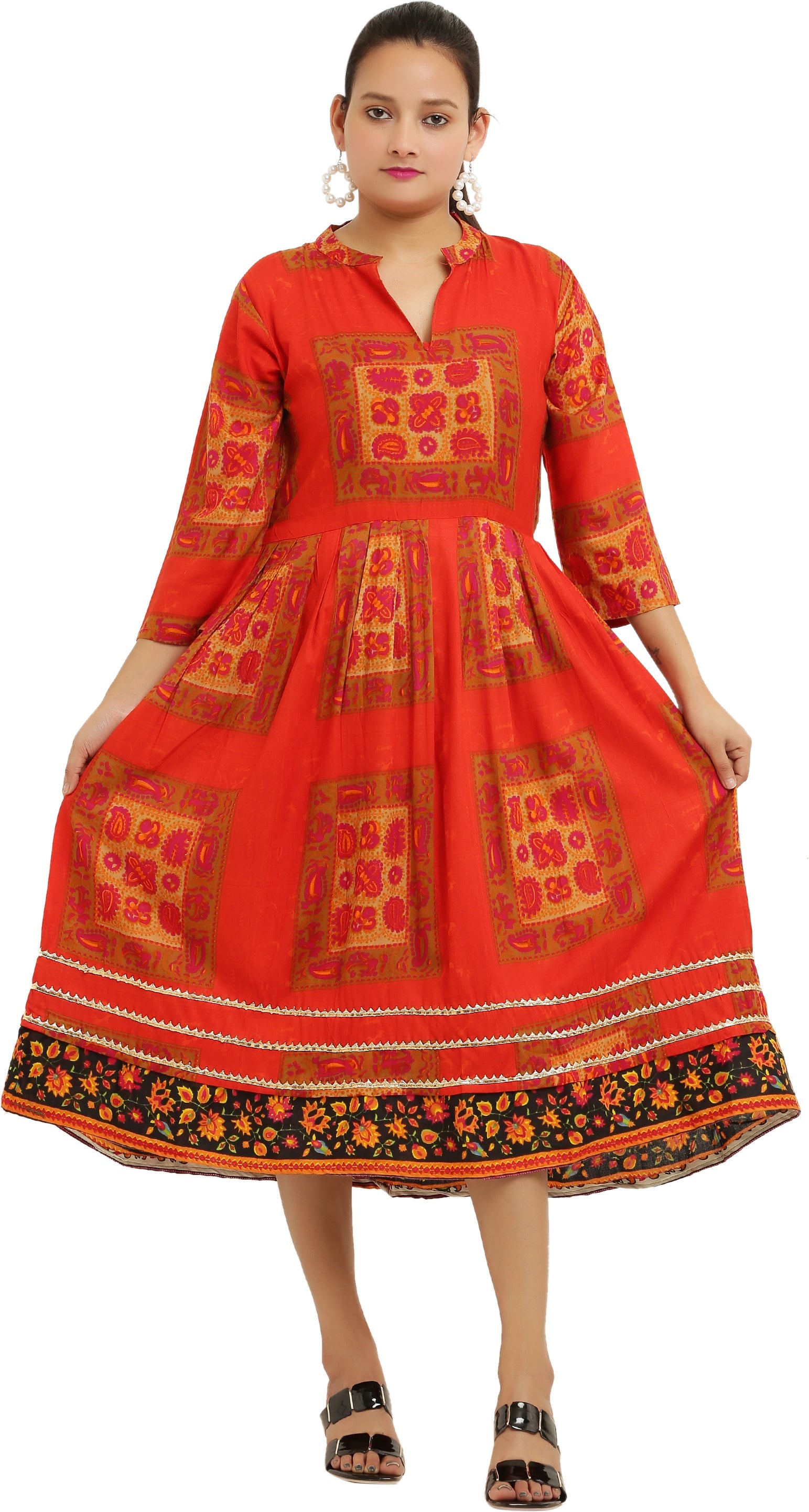 PAVONINE Jaipuri Block Print Red Color Dress For Girls & Women