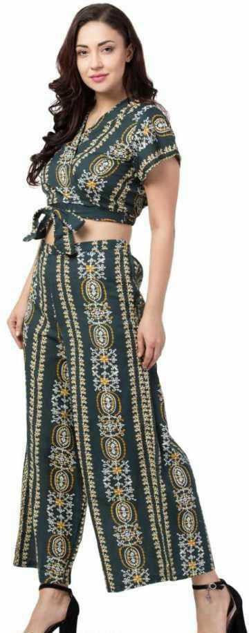 PAVONINE Bottle Green Color Printed Crop Top And Flared Palazzo Set For Girls & Women