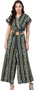 PAVONINE Bottle Green Color Printed Crop Top And Flared Palazzo Set For Girls & Women