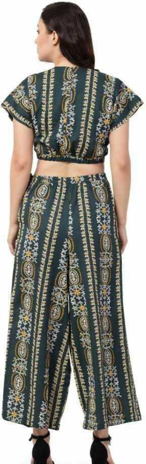PAVONINE Bottle Green Color Printed Crop Top And Flared Palazzo Set For Girls & Women