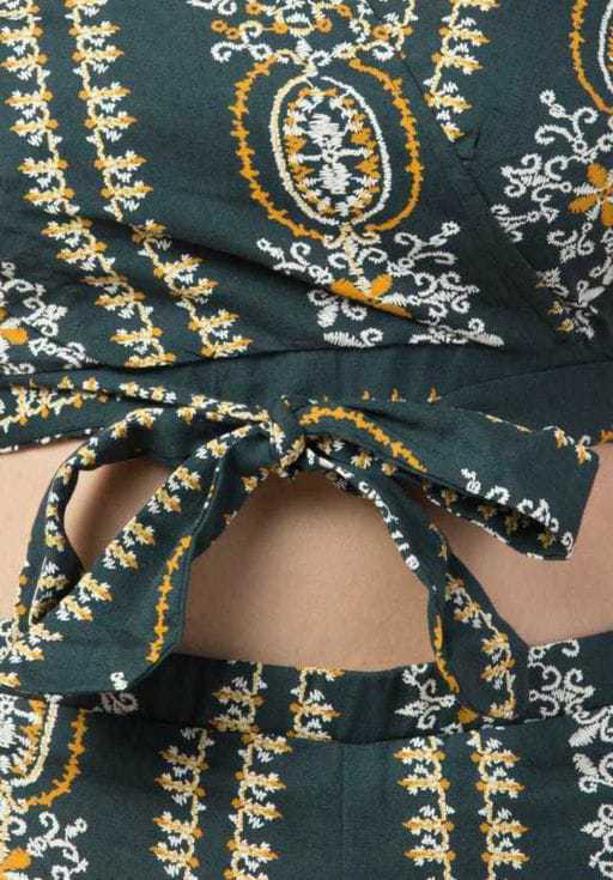 PAVONINE Bottle Green Color Printed Crop Top And Flared Palazzo Set For Girls & Women