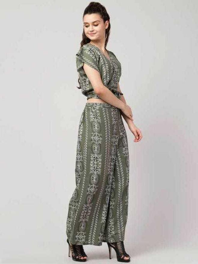 PAVONINE Pista Green Color Printed Crop Top And Flared Palazzo Set For Girls & Women