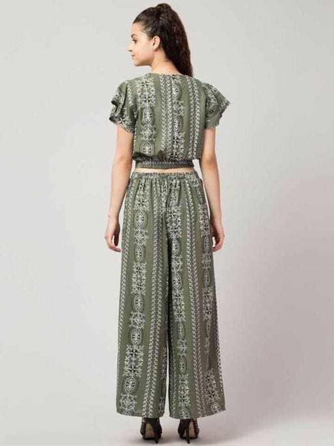PAVONINE Pista Green Color Printed Crop Top And Flared Palazzo Set For Girls & Women