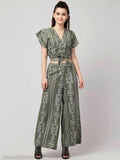 PAVONINE Pista Green Color Printed Crop Top And Flared Palazzo Set For Girls & Women