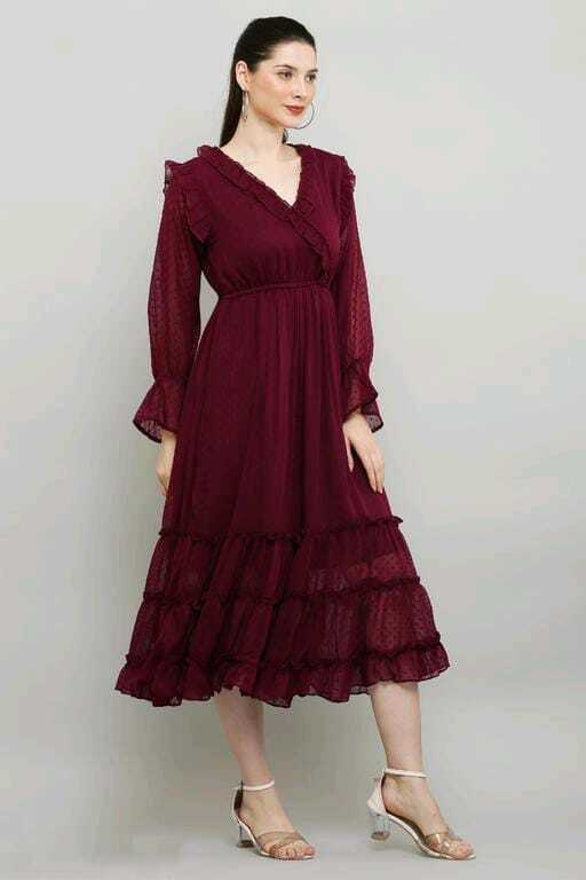 PAVONINE Buta-Design With V-Neck Wine Dress For Girls & Women