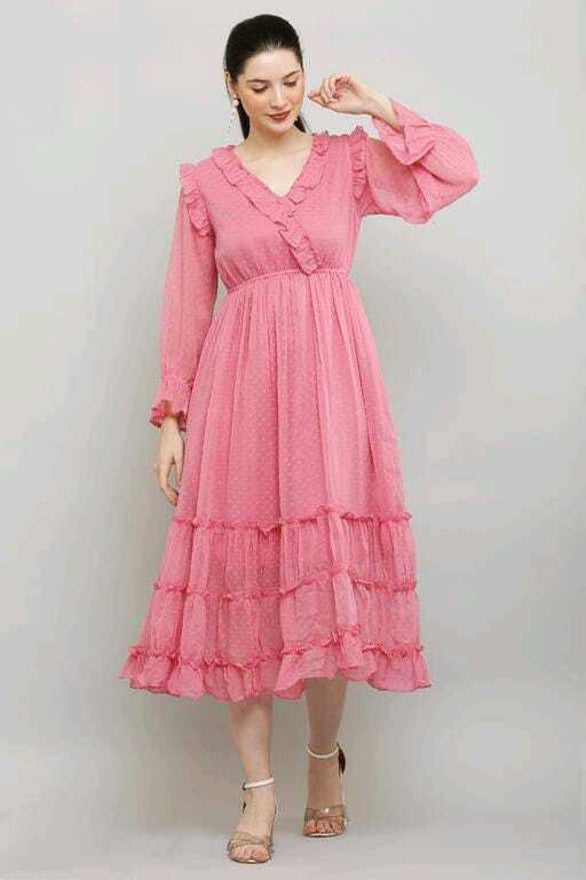 PAVONINE Buta-Design With V-Neck Pink Dress For Girls & Women