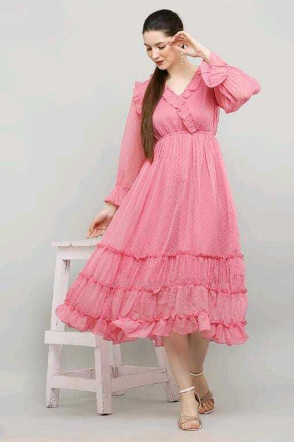 PAVONINE Buta-Design With V-Neck Pink Dress For Girls & Women