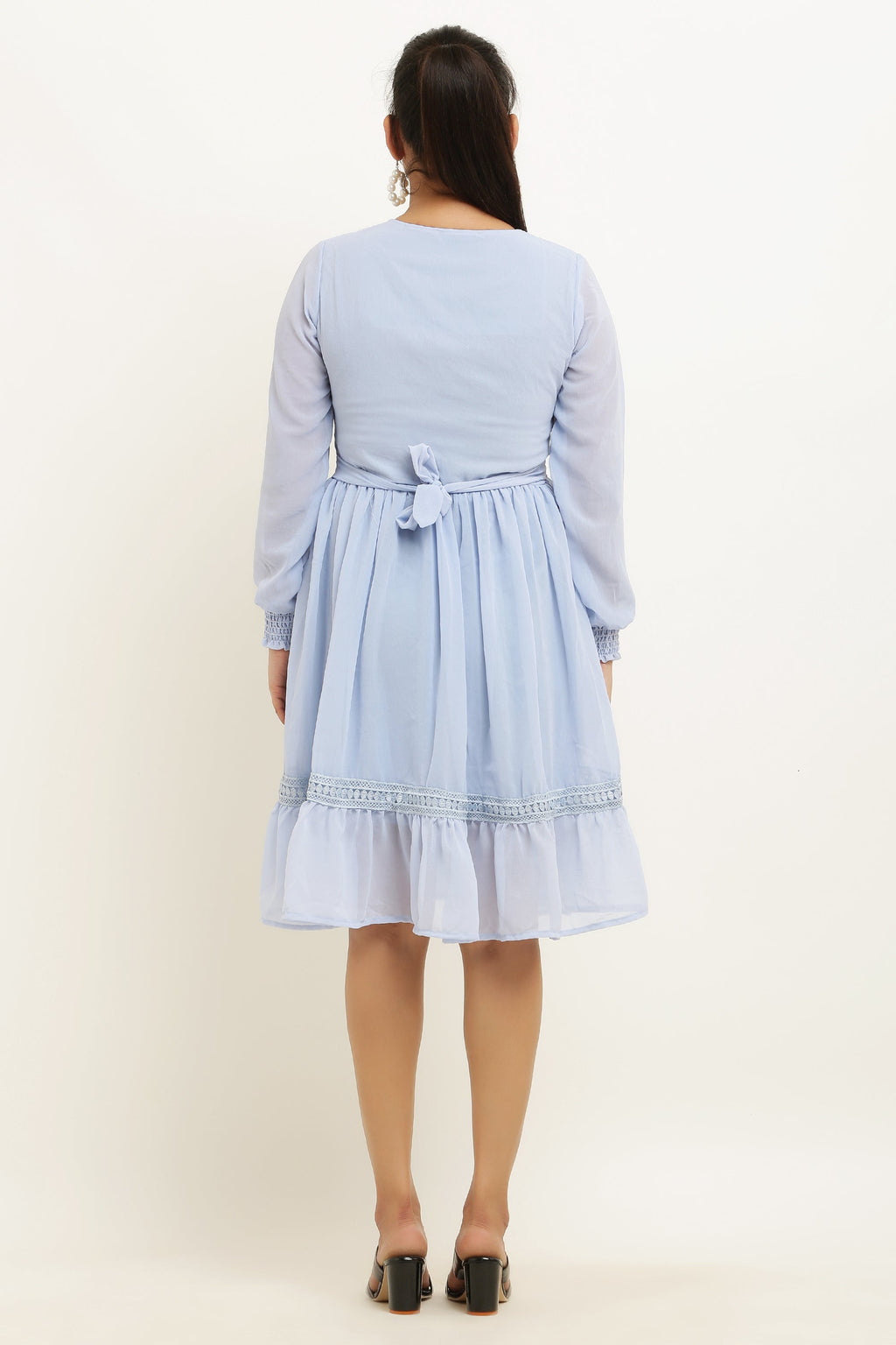 PAVONINE Sky Blue Color Georgette Fabric Lace Inserts Midi For Girls