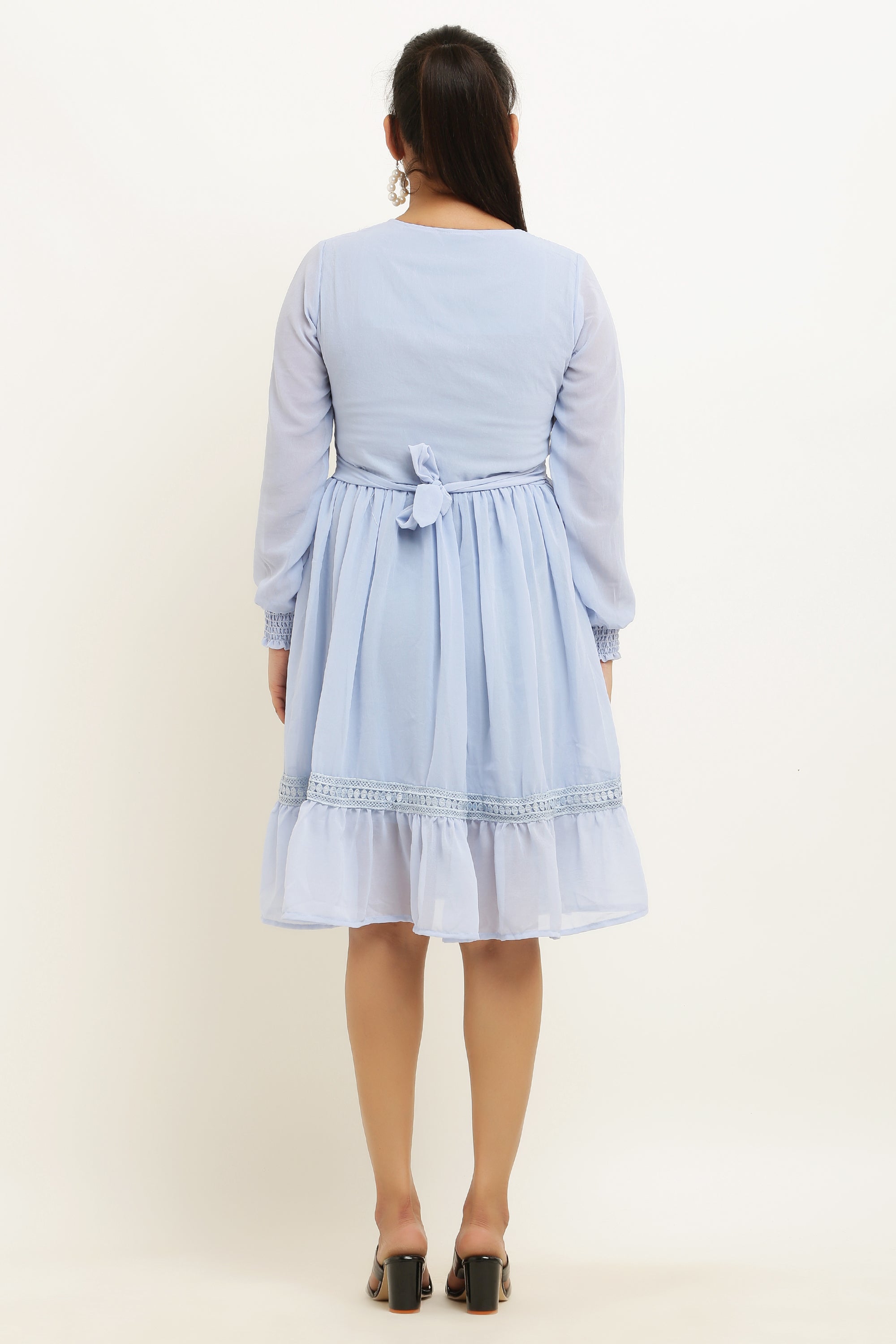 PAVONINE Sky Blue Color Georgette Fabric Lace Inserts Midi For Girls