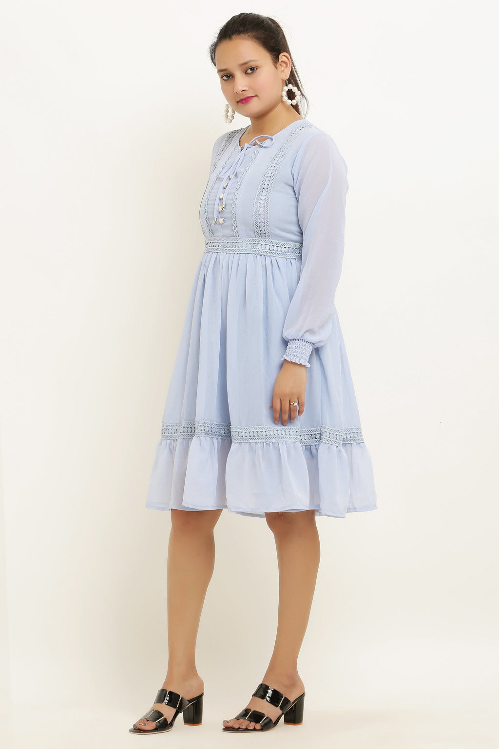 PAVONINE Sky Blue Color Georgette Fabric Lace Inserts Midi For Girls