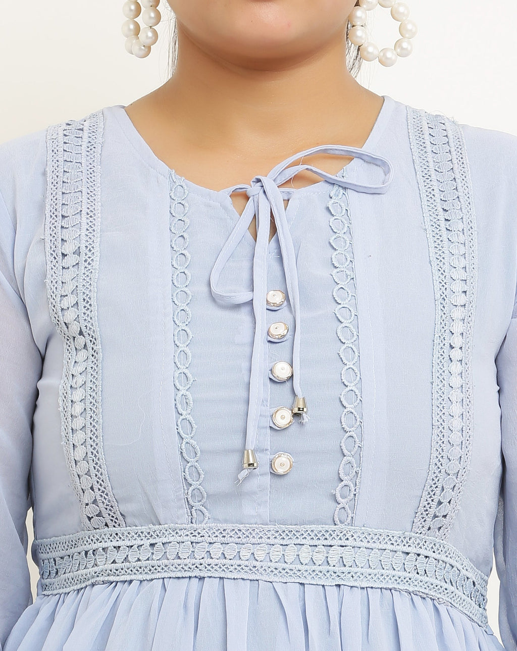 PAVONINE Sky Blue Color Georgette Fabric Lace Inserts Midi For Girls