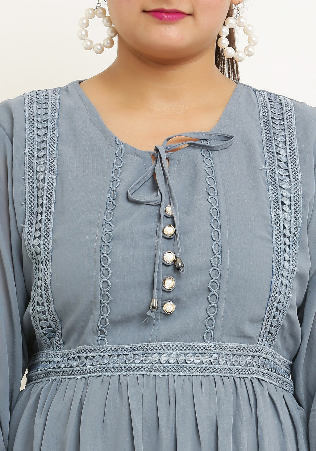 PAVONINE Grey Color Georgette Fabric Lace Inserts Midi For Girls