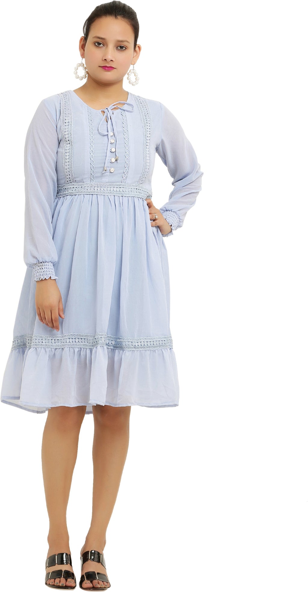PAVONINE Sky Blue Color Georgette Fabric Lace Inserts Midi For Girls