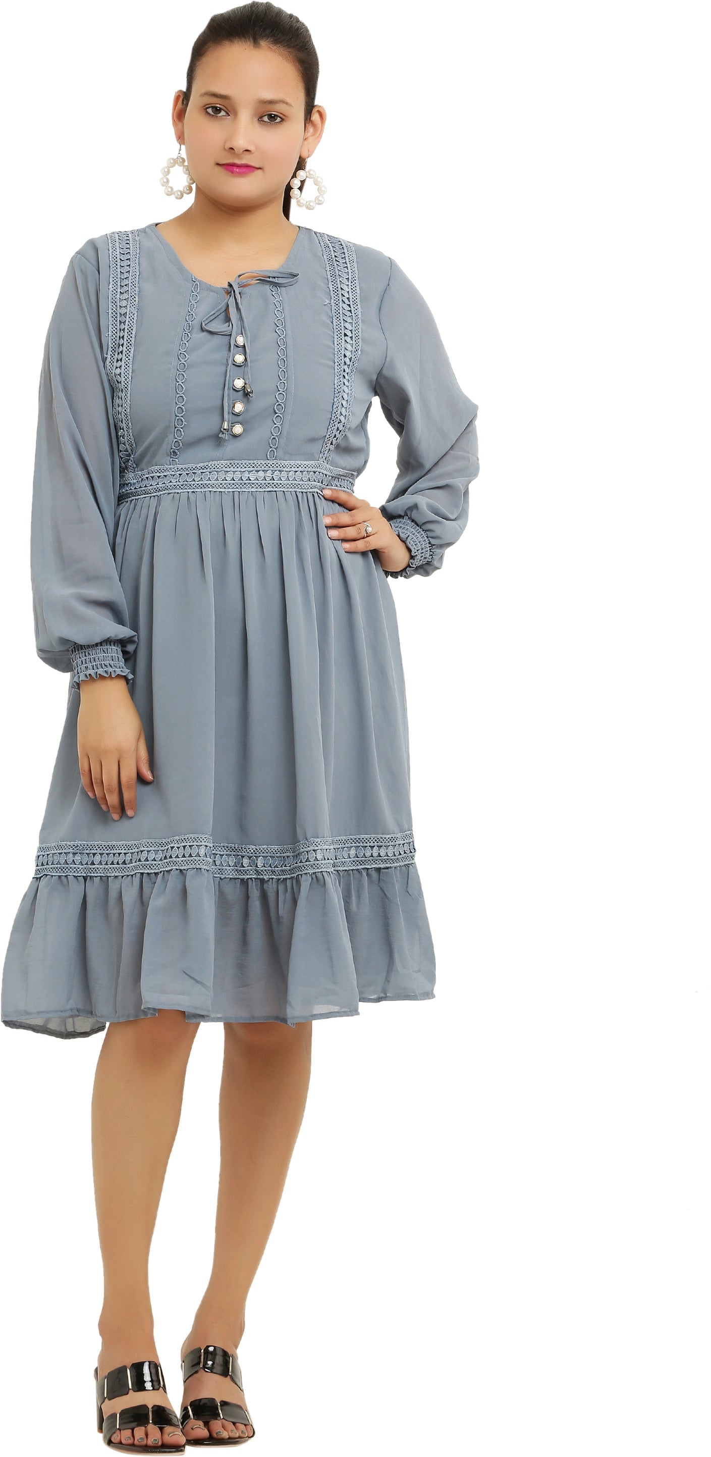 PAVONINE Grey Color Georgette Fabric Lace Inserts Midi For Girls