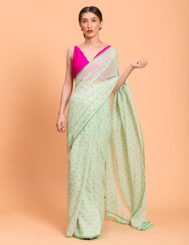 Suta Lime Green Polka Printed Pure Cotton Saree