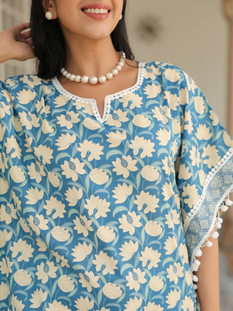Aramya Kaftan Soft Cotton Floral Print Women's Kurta Set - Blue