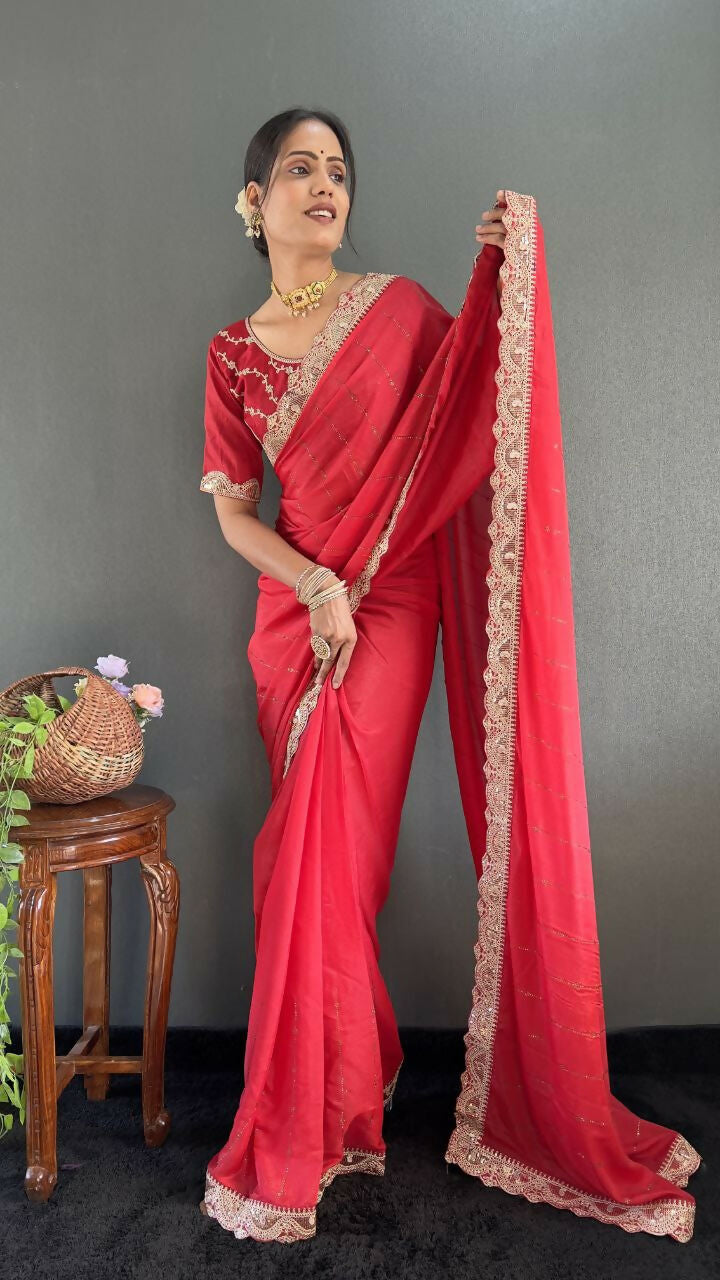 Vastranavya Red Georgette Silk Swarovski & Heavy Lace Work Ready to Wear Saree