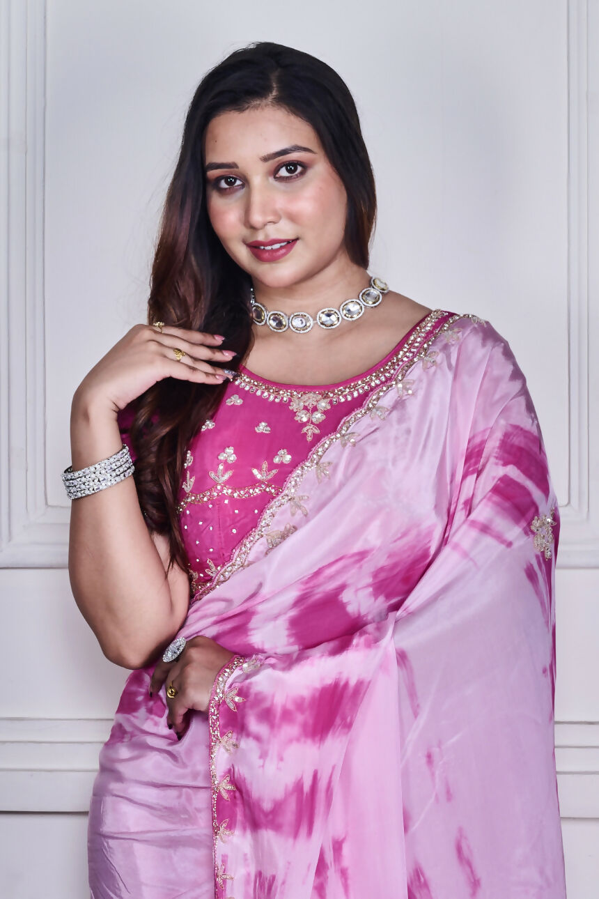 Morchari Pink Crepe Hand Embroidery Saree And Stitched Blouse