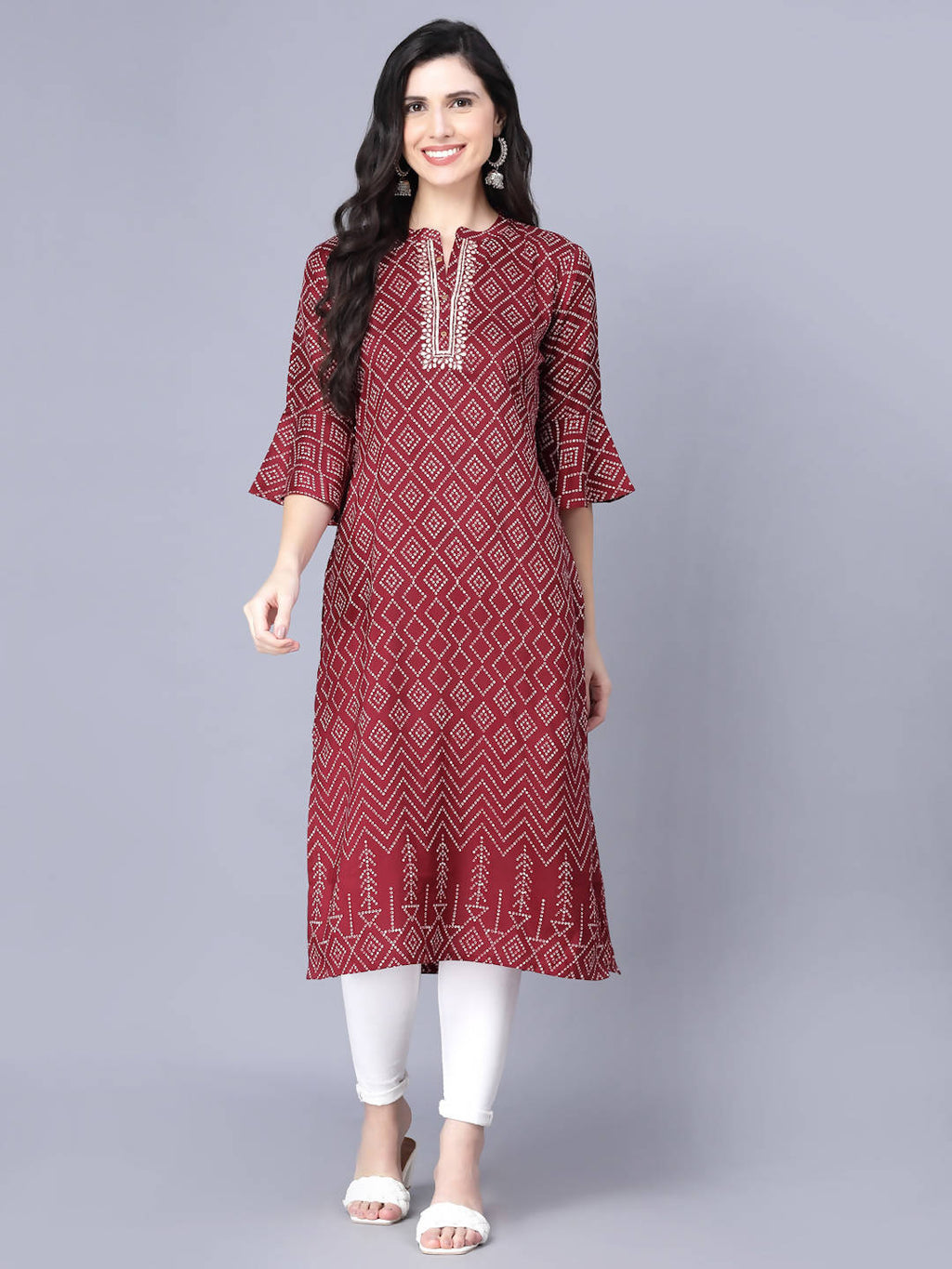 Myshka Silk Printed 3/4 Sleeve Round Maroon Women Kurta