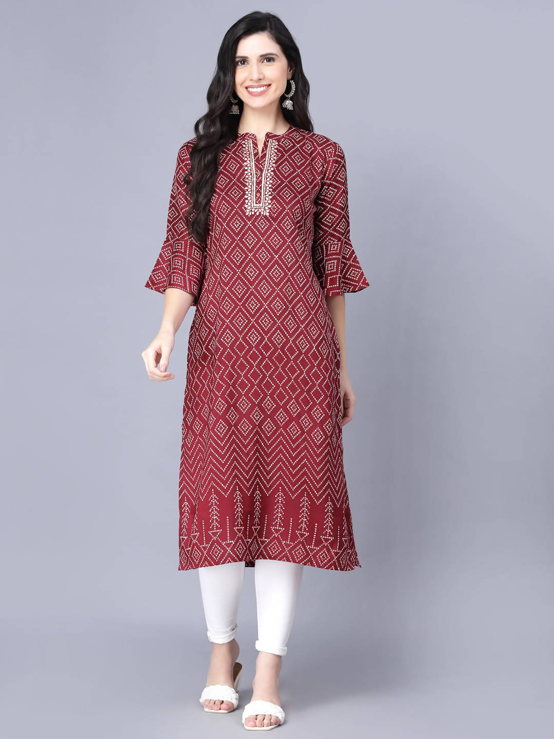 Myshka Silk Printed 3/4 Sleeve Round Maroon Women Kurta