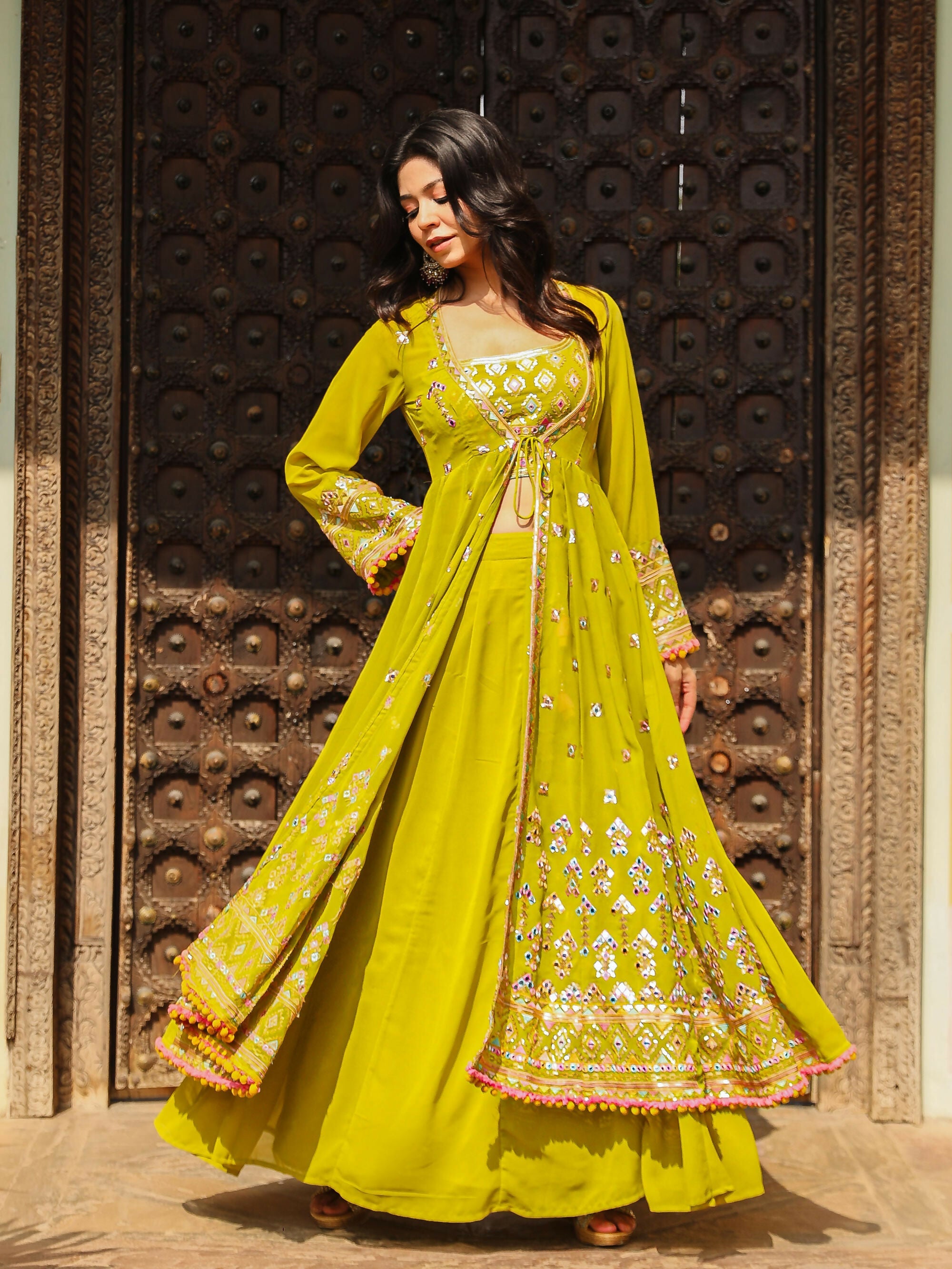 Juniper Women's Green Thread Embroidered Georgette Shrug Crop Top & Palazzo Set With Mirror Work & Sequins