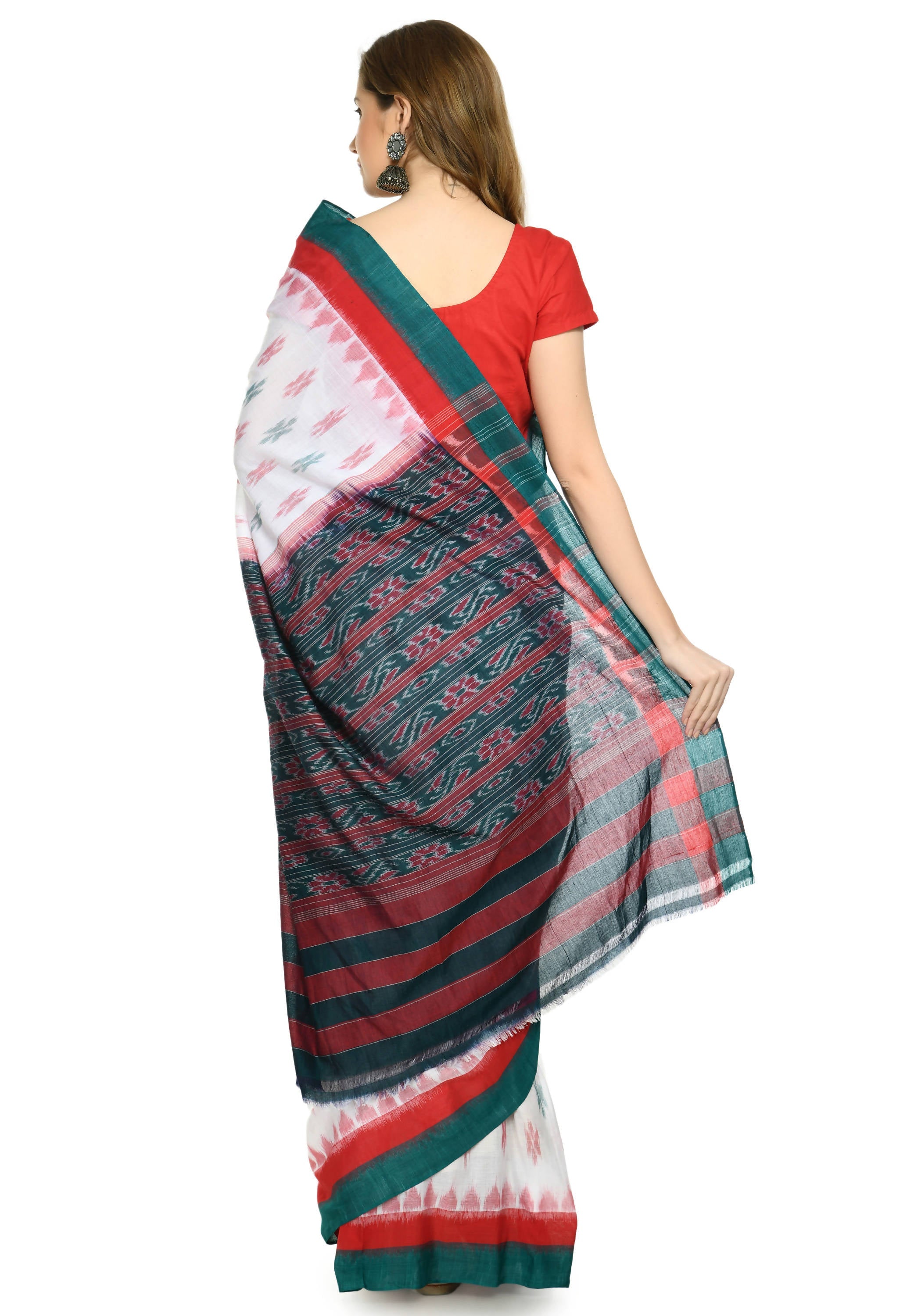 Vamika Sambalpuri Ikat Cotton Dehabandha White, Red & Green Saree