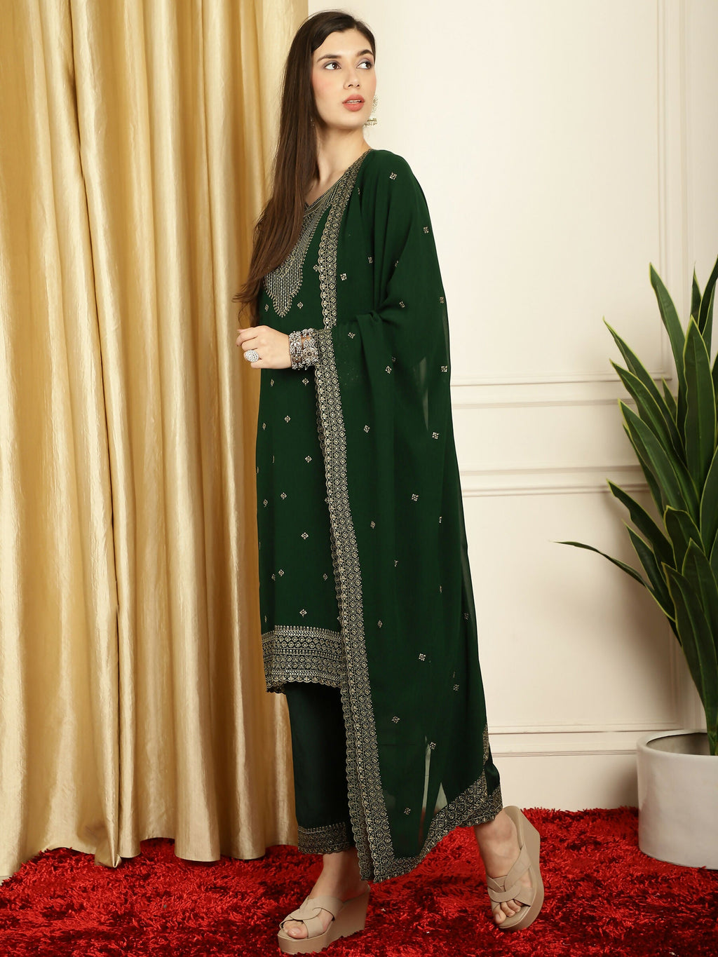 Jyoti Fashion Women's Green Georgette Resham Thread & Sequin Kurta with Trouser & Dupatta
