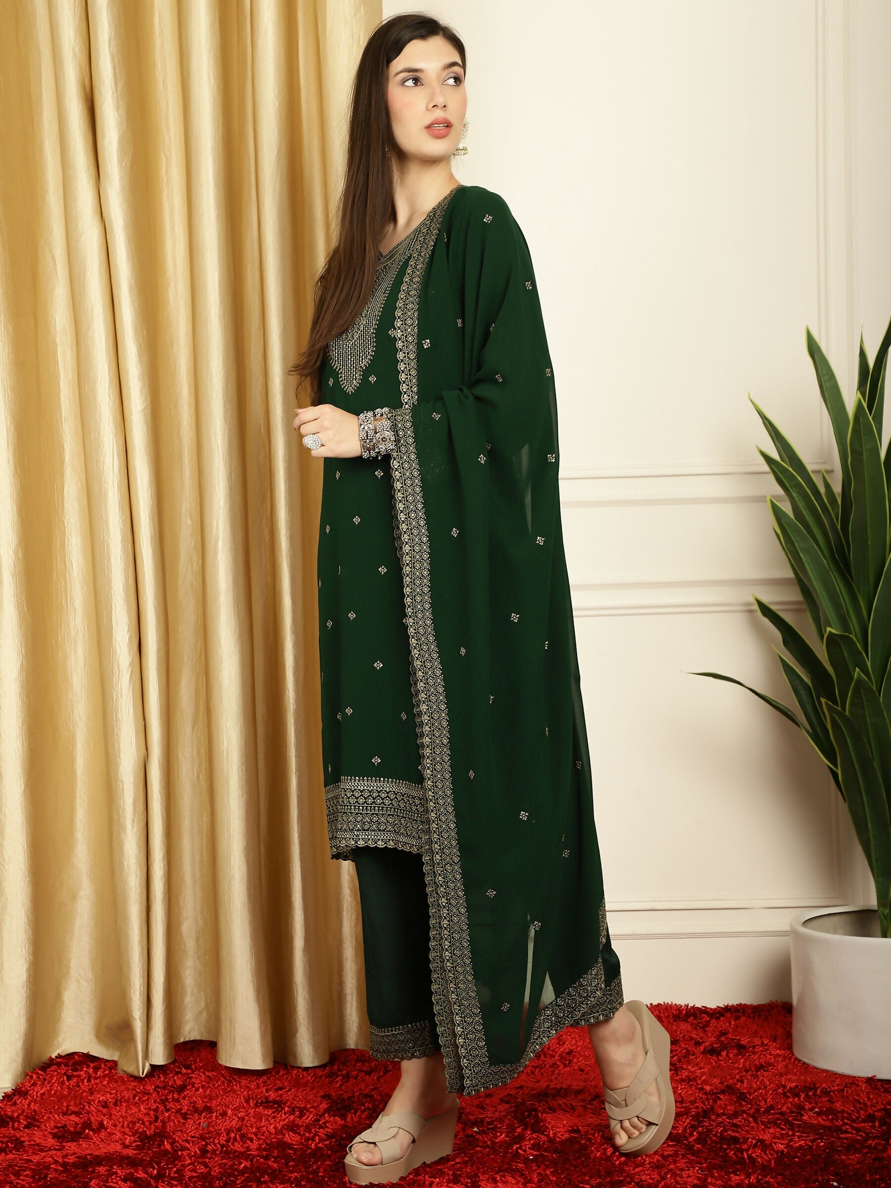 Jyoti Fashion Women's Green Georgette Resham Thread & Sequin Kurta with Trouser & Dupatta