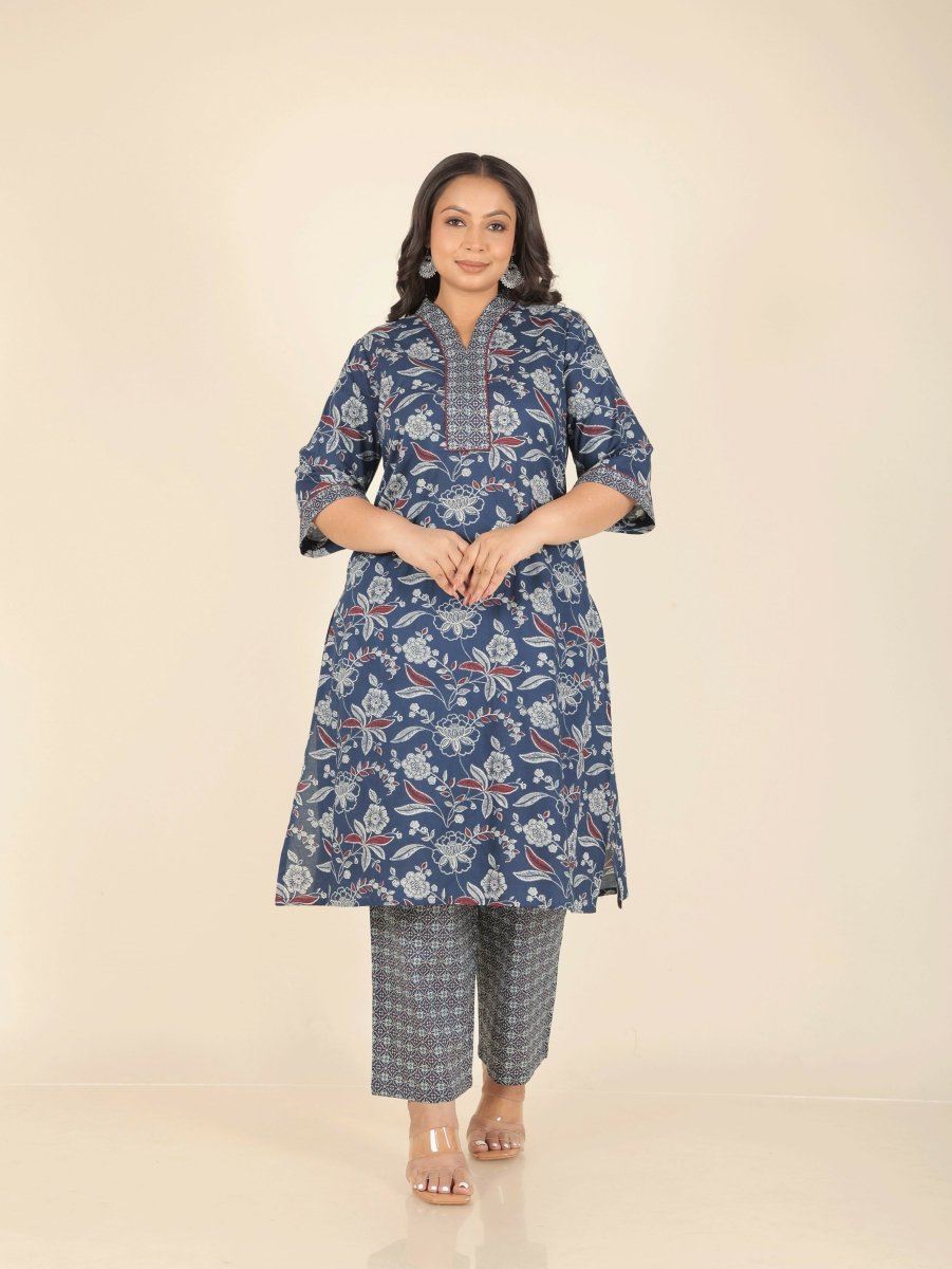 Aramya Blue Soft Cotton Floral Print Straight Kurta Set for Women