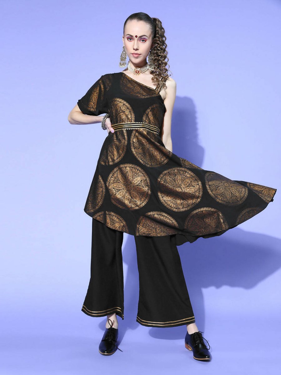 Ahalyaa Women Black Colour Crepe Printed Top Palazzo Set
