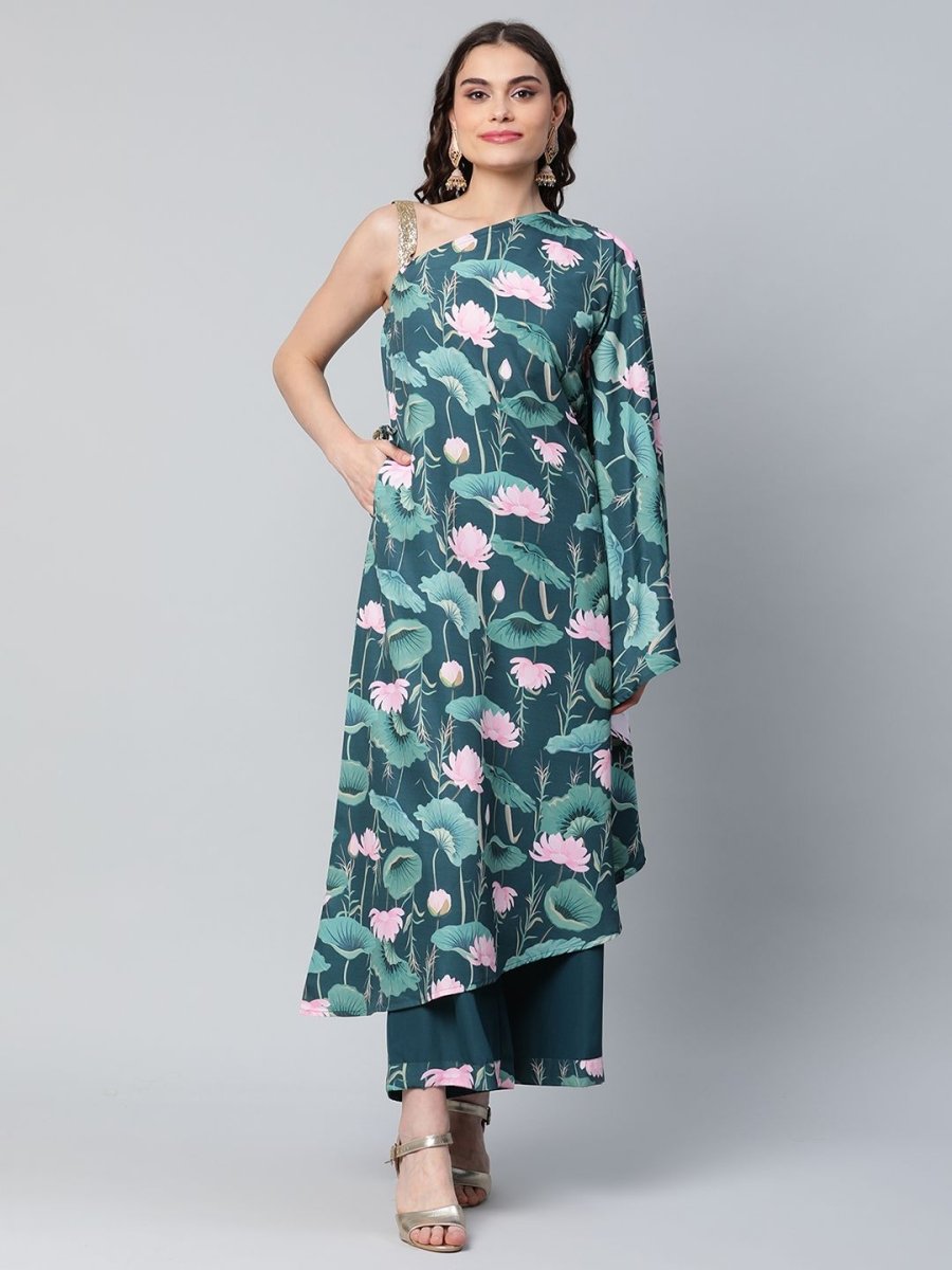 Ahalyaa Women Green Crepe Floral Printed Kurta with Palazzo Set