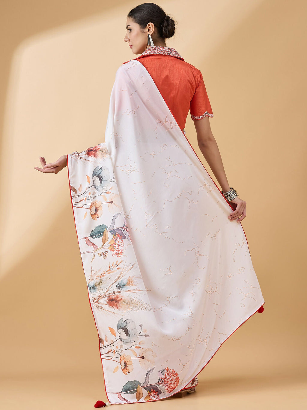 White Chiffon Floral Printed Saree with Stitched Blouse - Dharavi