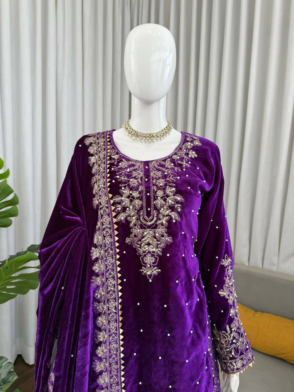 Vastranavya Purple Viscose Velvet Cording Sequence With Moti Work Top-Bottom With Dupatta