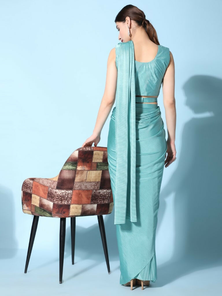 Sea Green Imported Crush Lycra Texture Pattern Ready to Wear Saree with stitched Blouse - Nirvana
