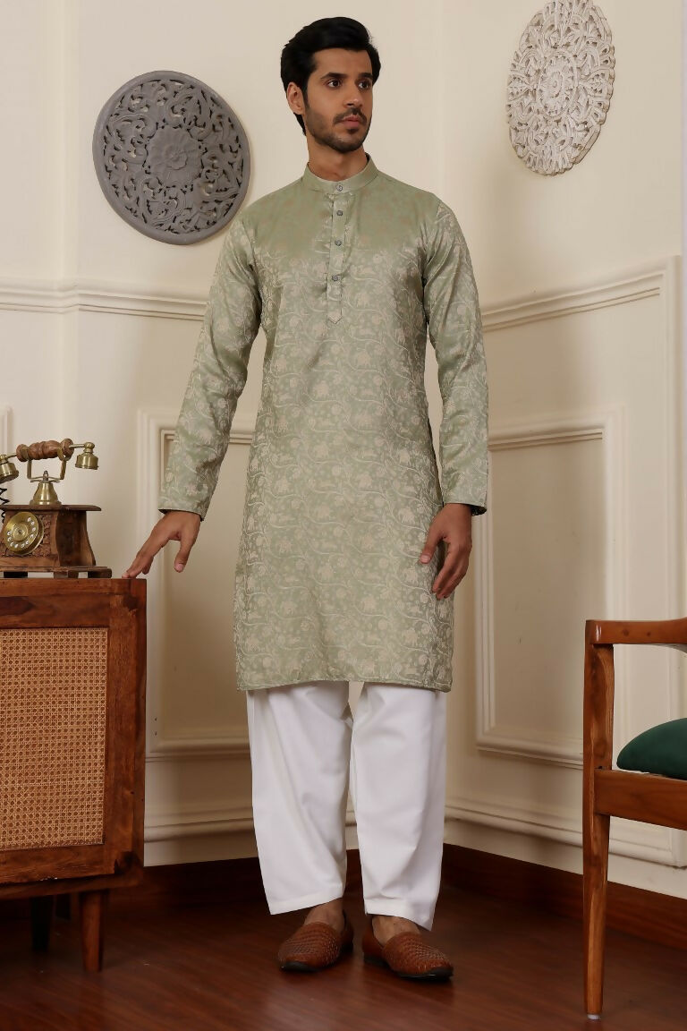 Pista Viscose Woven Jacquard Work Men's Rajwadi Kurta Set - Mahotsav