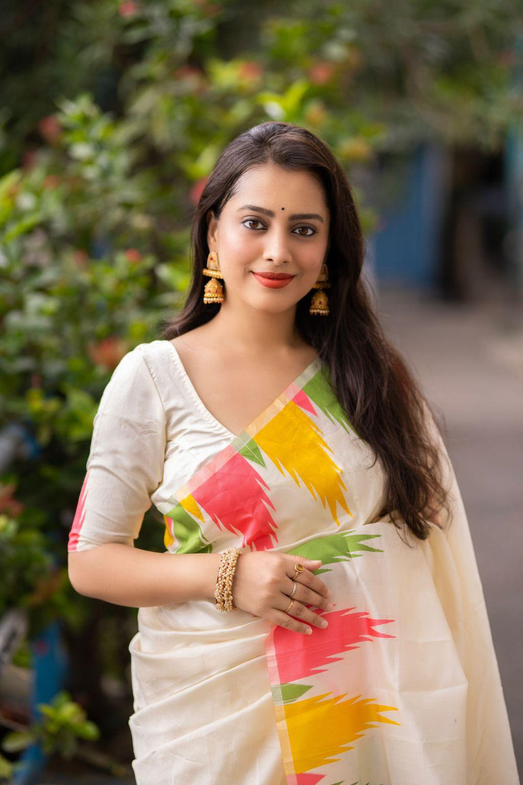 Cream Polycotton Woven Design Saree with Unstitched Blouse - Hiral Fashion