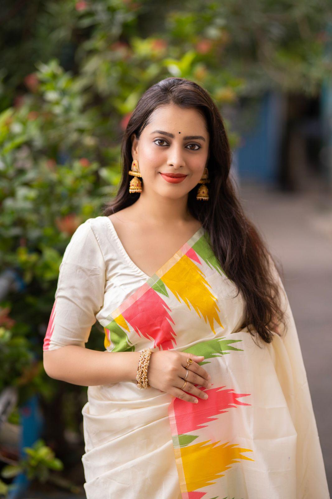 Cream Polycotton Woven Design Saree with Unstitched Blouse - Hiral Fashion