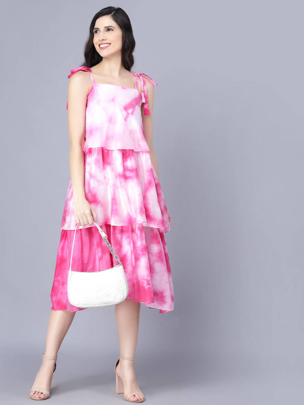 Myshka Women White Tie and Dye Dyed Layered A-Line Midi Dress