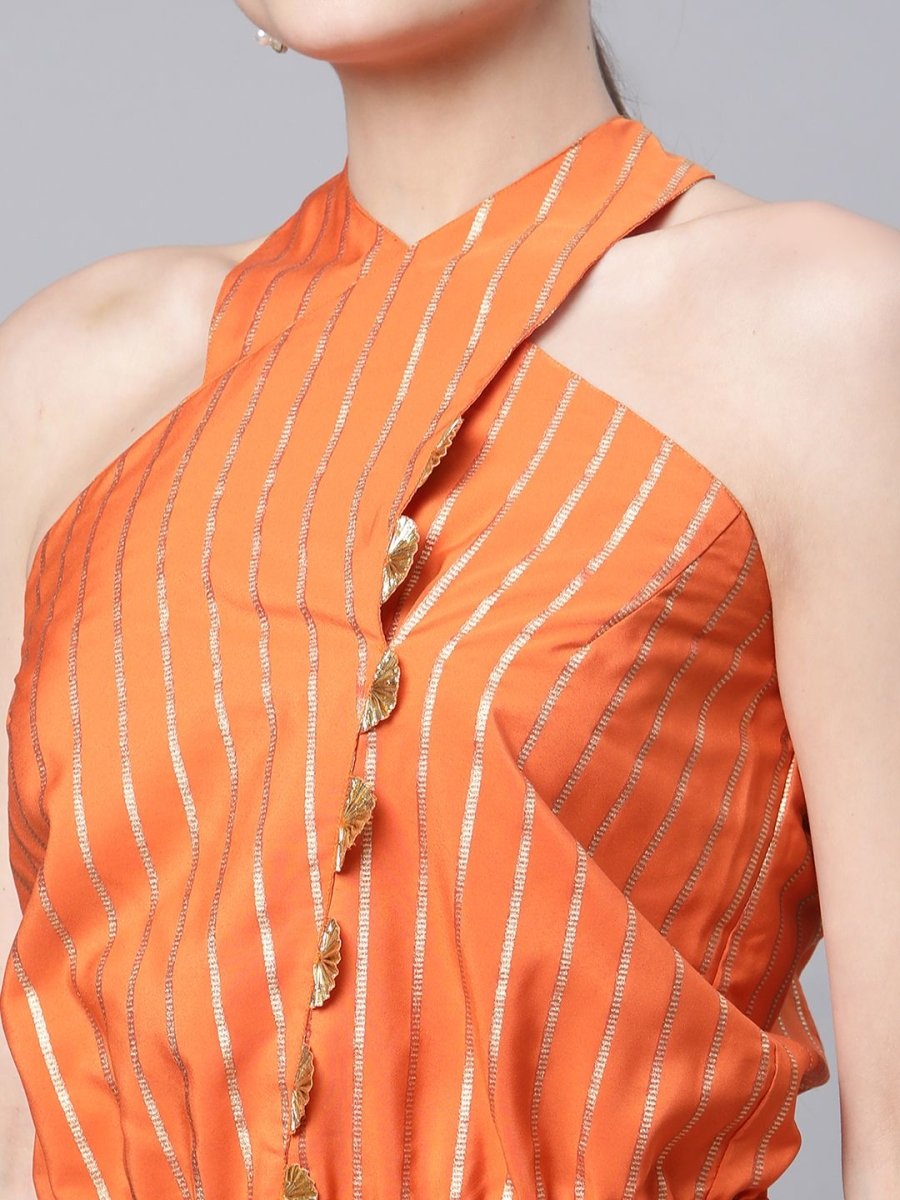 Ahalyaa Womens Orange Crepe Gold Stripped Print Jumpsuit
