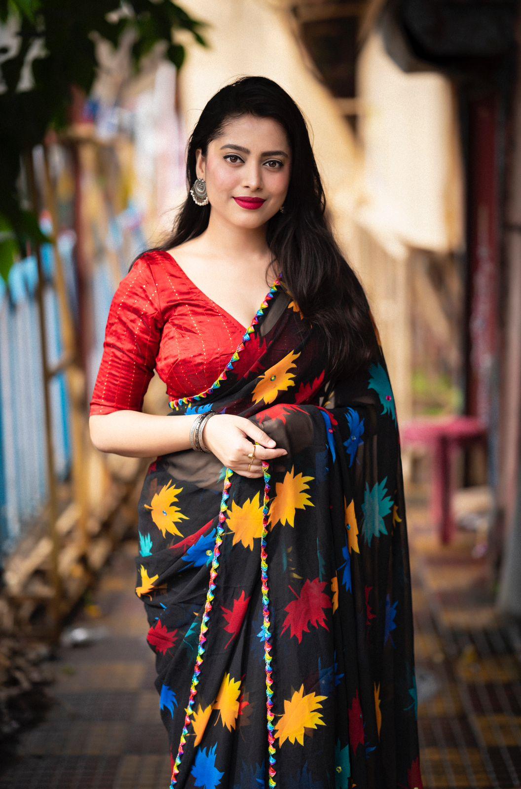 Black Poly Georgette Ethnic Motifs Saree with Unstitched Blouse - Hiral Fashion