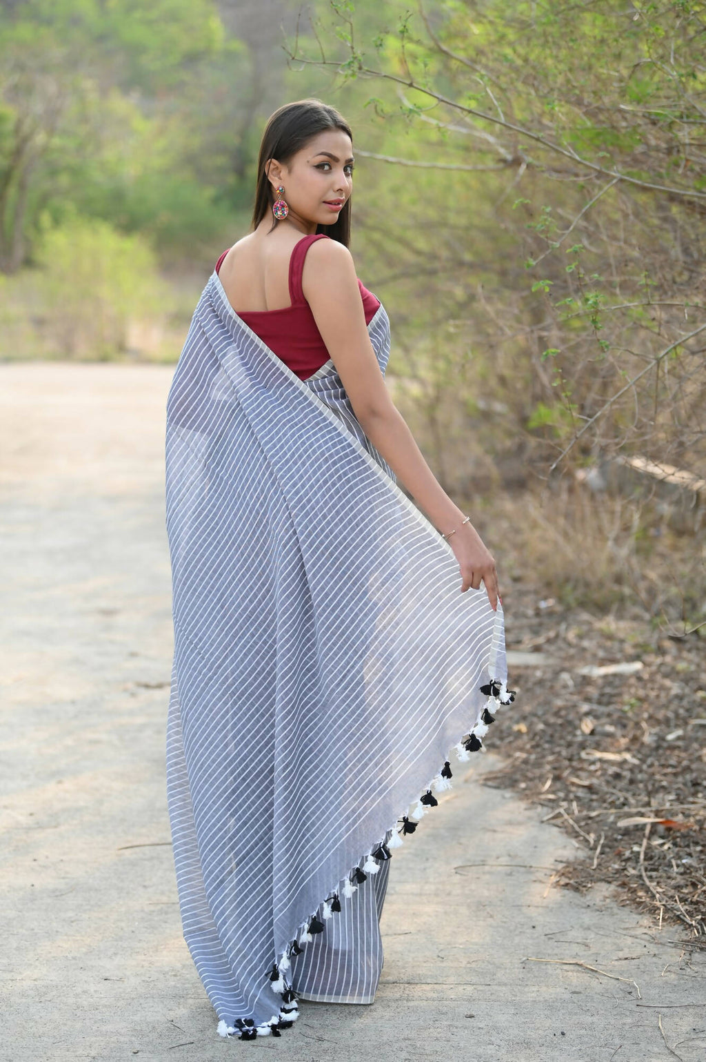 Very Much Indian Designer Pure Cotton Saree With All Over Linear Stripes - Sage Grey