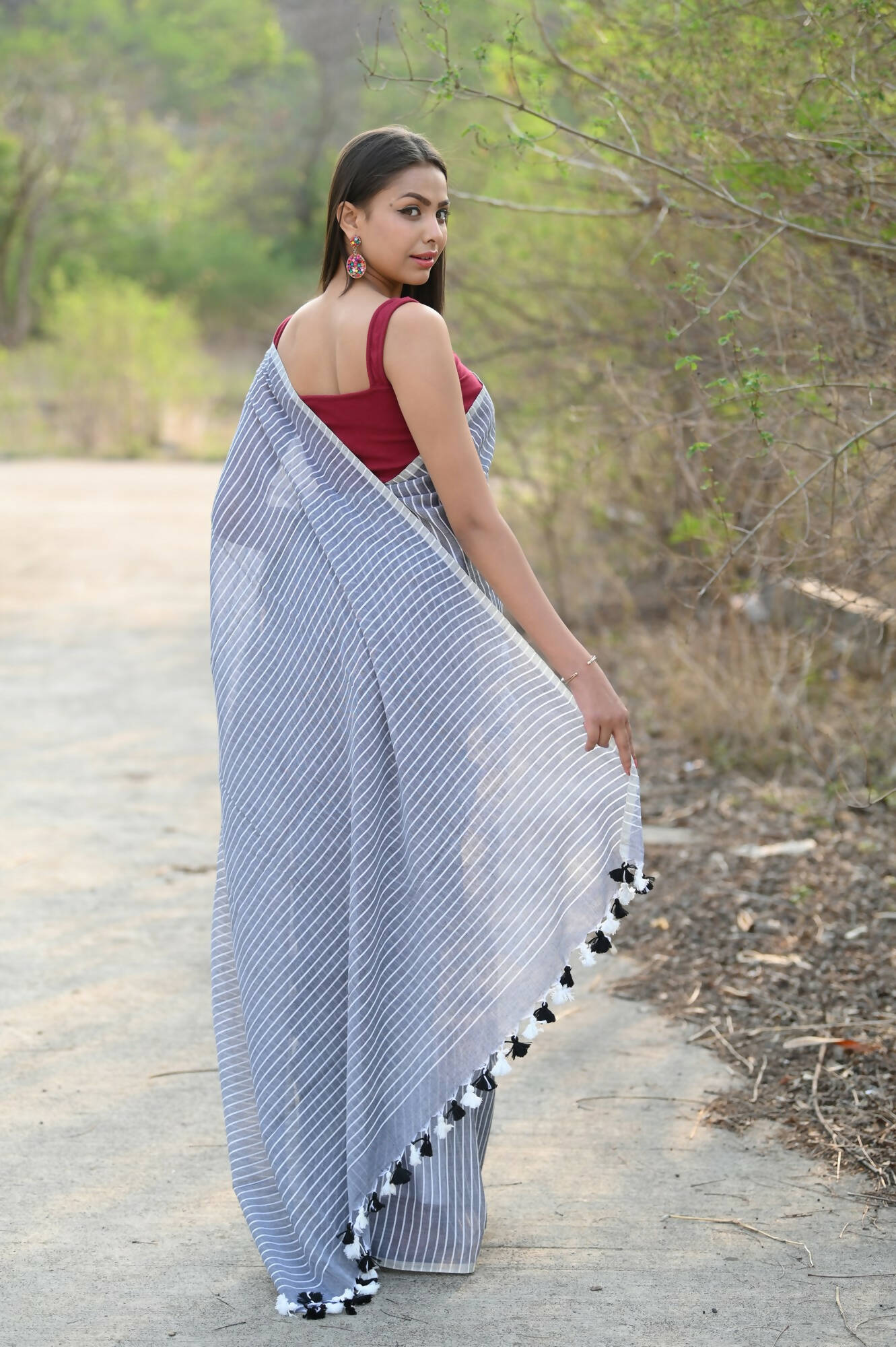 Very Much Indian Designer Pure Cotton Saree With All Over Linear Stripes - Sage Grey