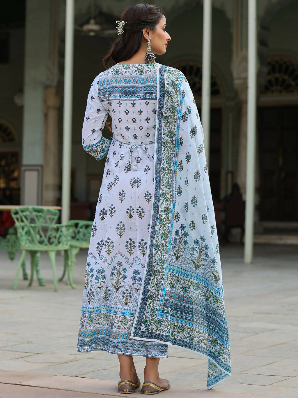 Juniper Women's Skyblue Cambric Floral Placement Kurta Dupatta Sets