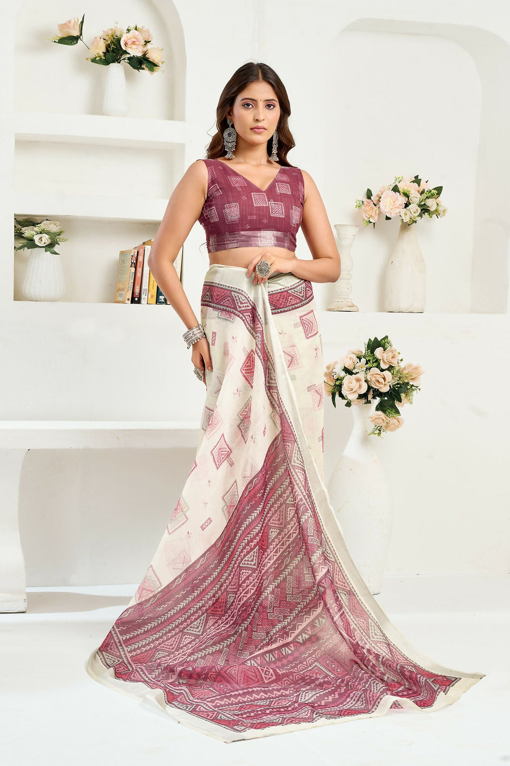 Vastranavya White Maroon Digital Printed Linen Ready To Wear Designer Saree with Unstitched Blouse