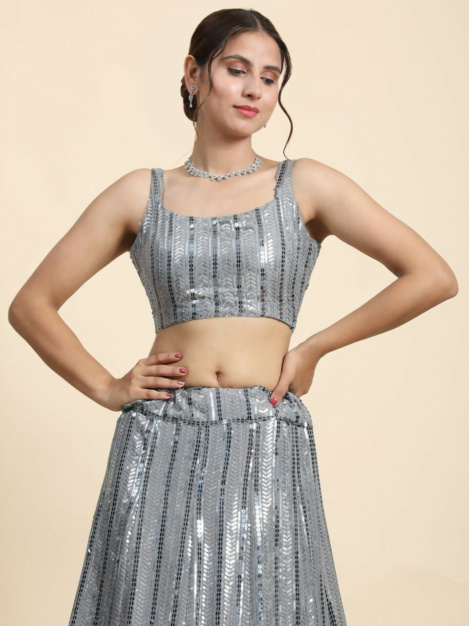 Jyoti Fashion Classy Grey Faux Georgette 3MM & 7MM Sequins Embroidery Lehenga Choli with Dupatta