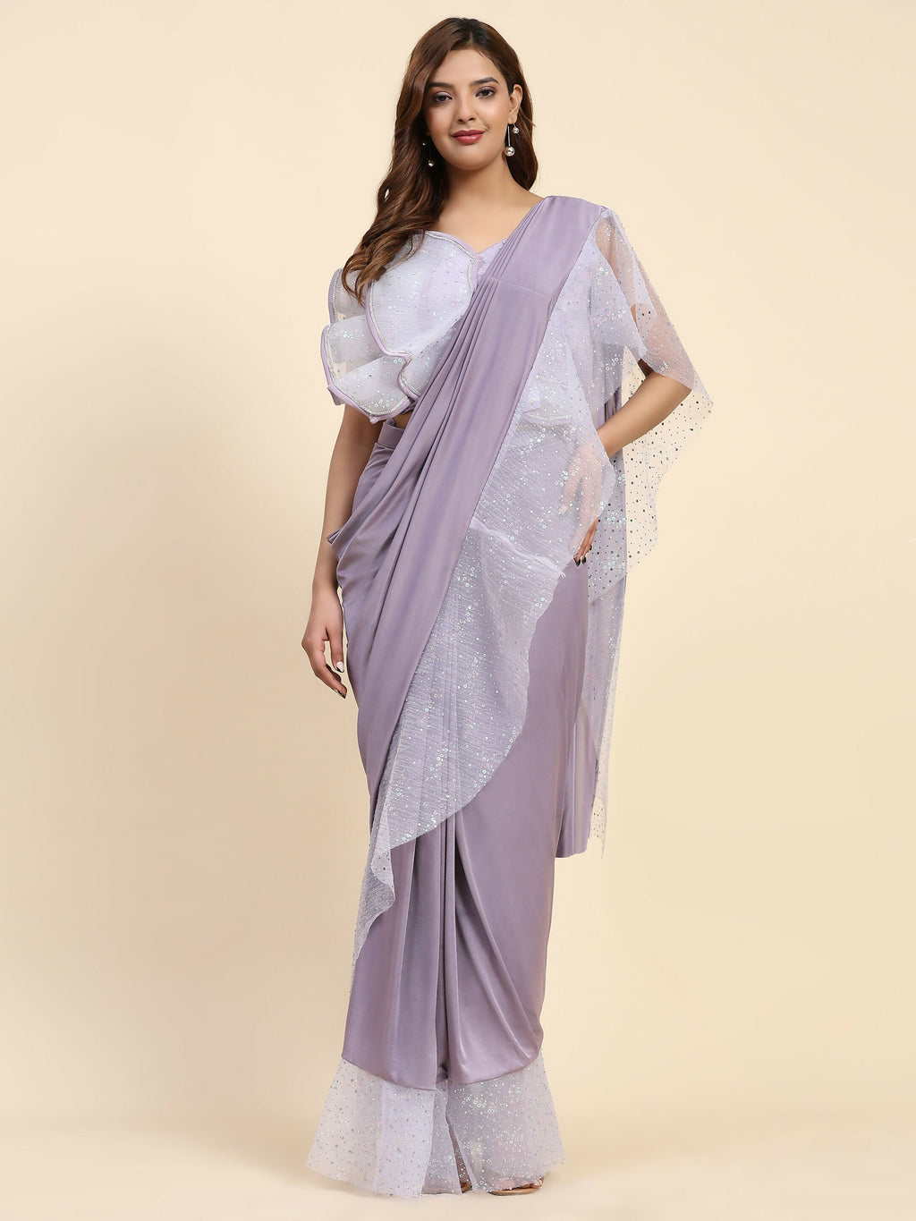 Light Purple Lycra Solid Ready to Wear Saree with stitched Blouse - Nita