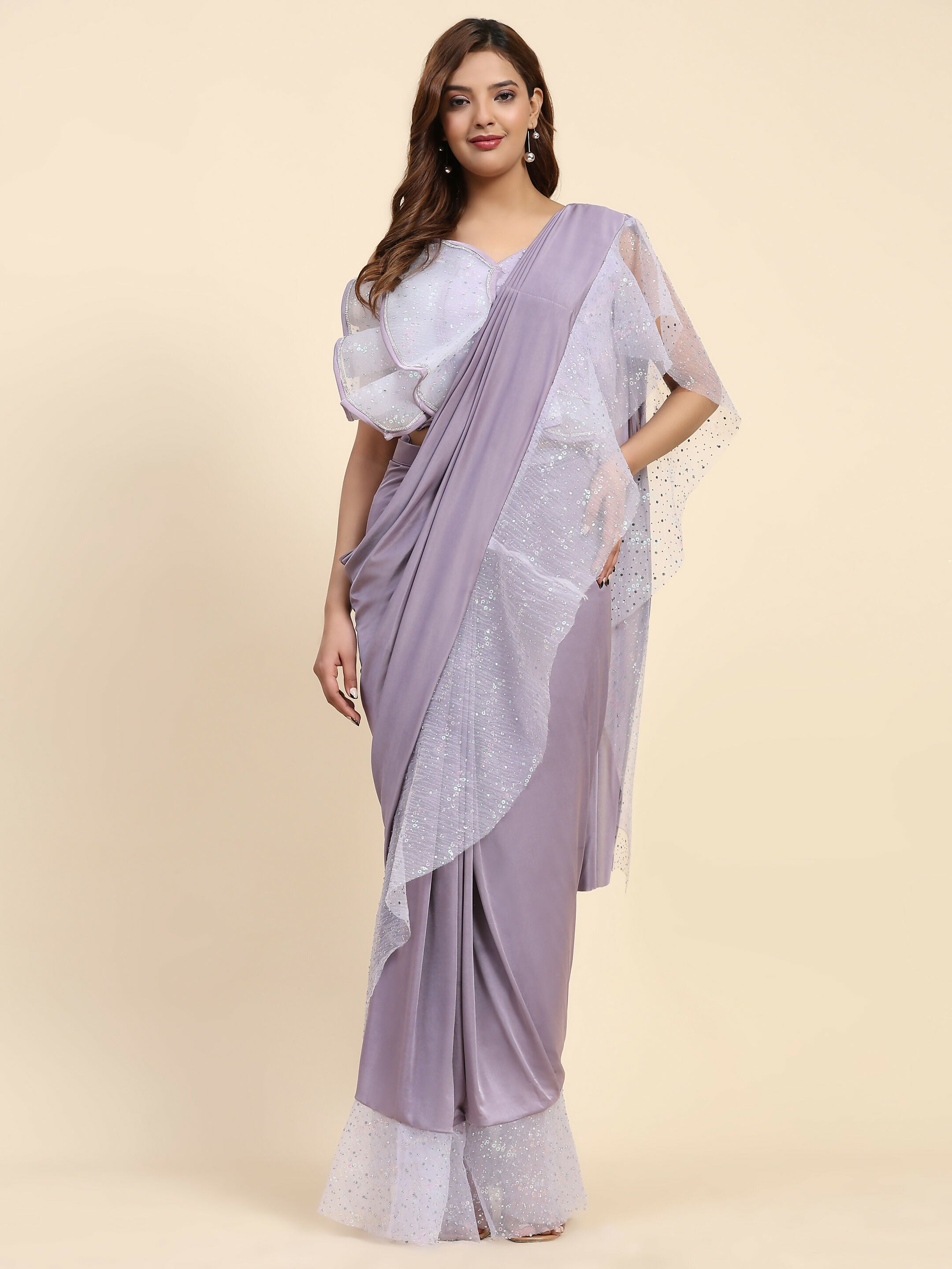 Light Purple Lycra Solid Ready to Wear Saree with stitched Blouse - Nita