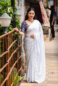 White Poly Silk Ethnic Motifs Saree with Unstitched Blouse - Hiral Fashion