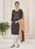 Jyoti Fashion Women's Black Pure Viscose Weaving Stripe with Embroidery Kurta Set