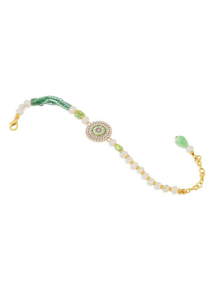 NVR Women Green Artificial Stones & Beads Floral Wraparound Bracelet